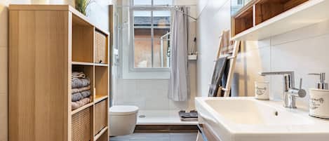Shower, hair dryer, towels