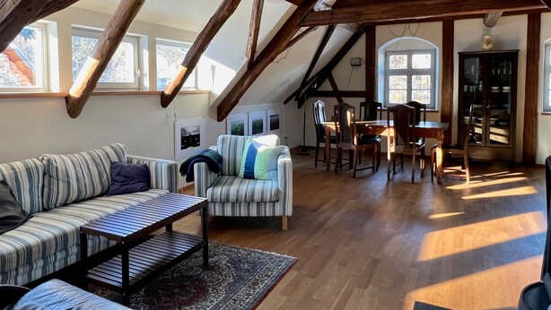 Un espacio tipo loft con vigas de madera a la vista, un sofá, una mesa de comedor con sillas y un armario.