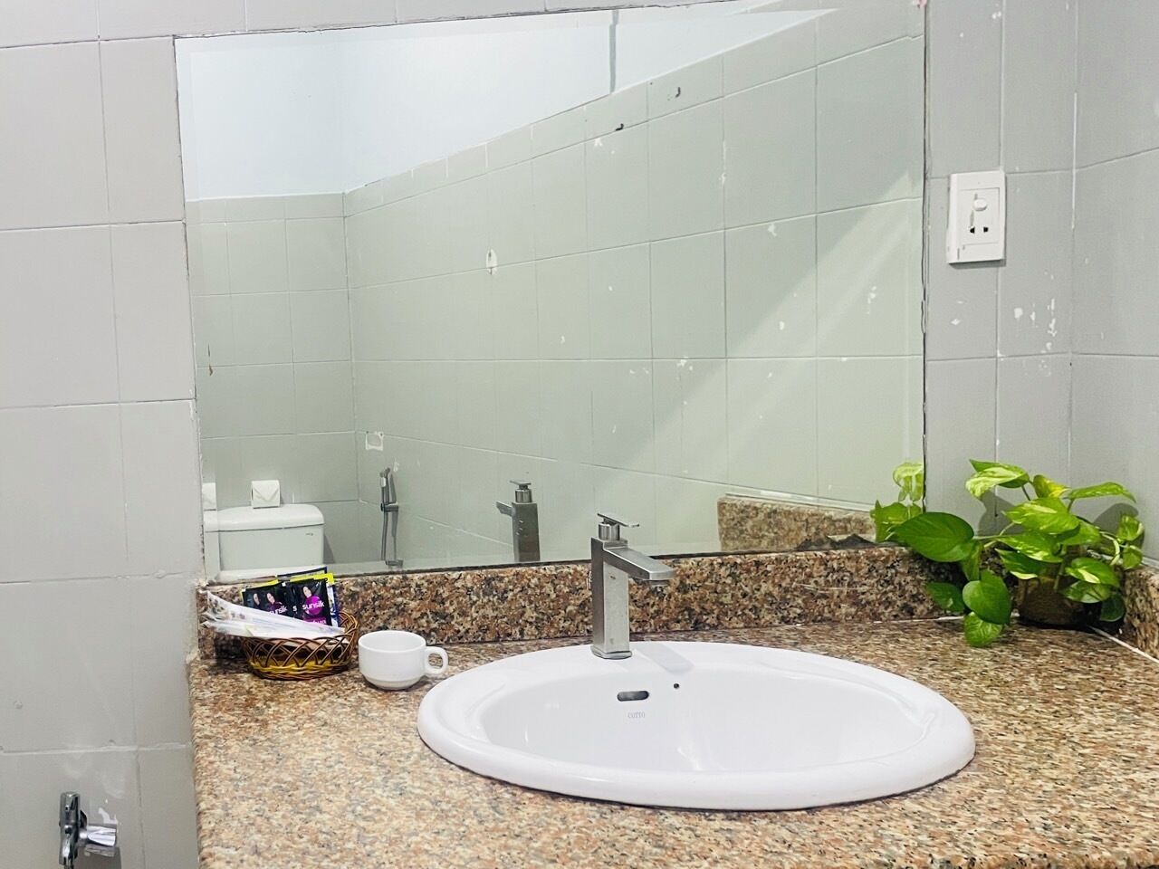Un baño con lavamanos blanco, encimera de granito y espejo que refleja un inodoro y una planta.