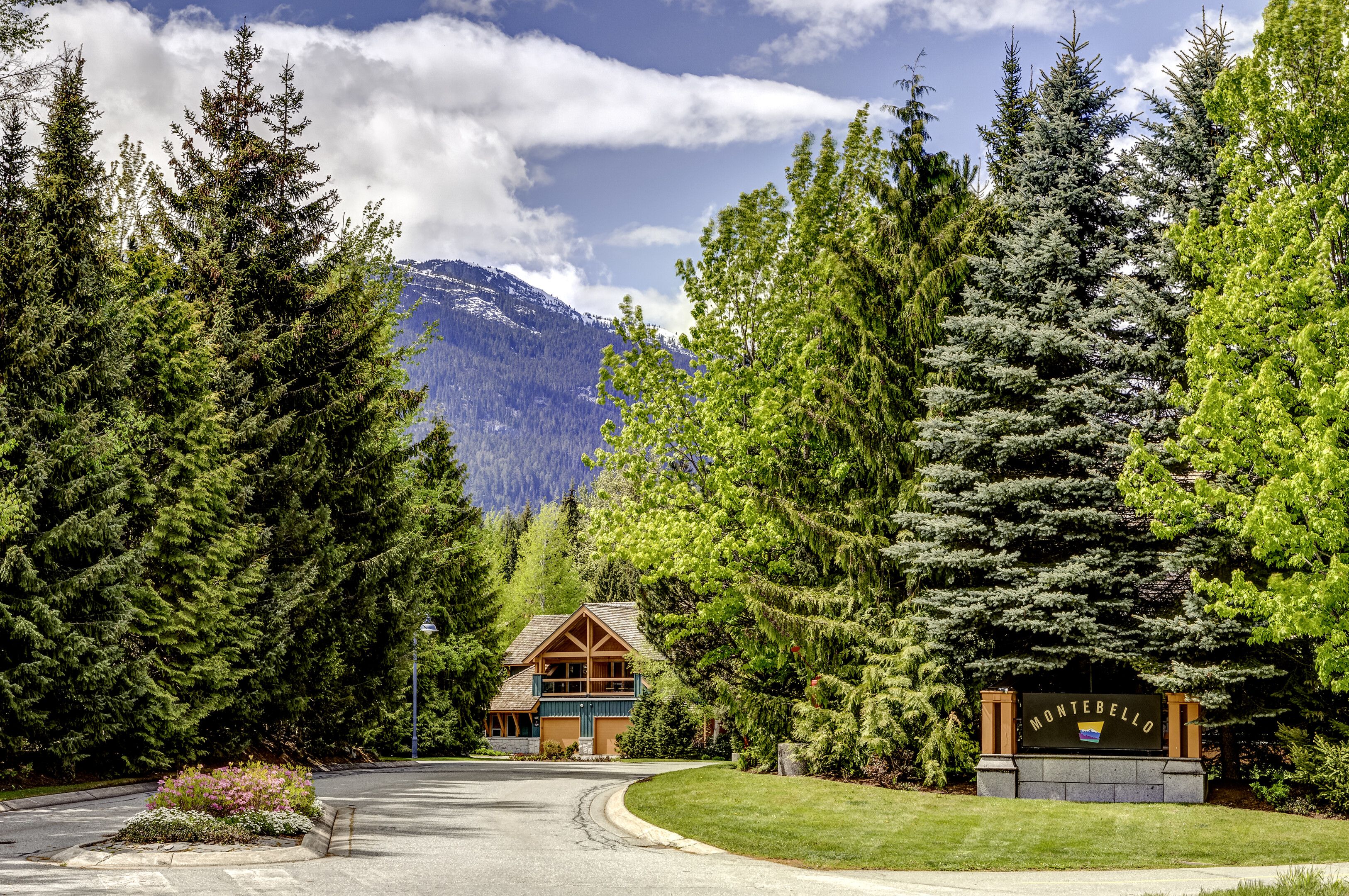 A lodge with a mountain backdrop, surrounded by dense forest.