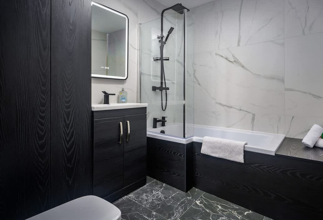 Shower, hair dryer, shampoo