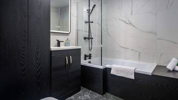 Shower, hair dryer, shampoo