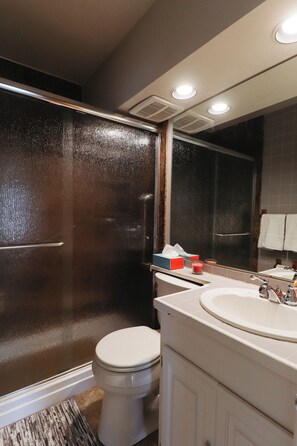 Dusche, Haartrockner, Handtücher, Seife