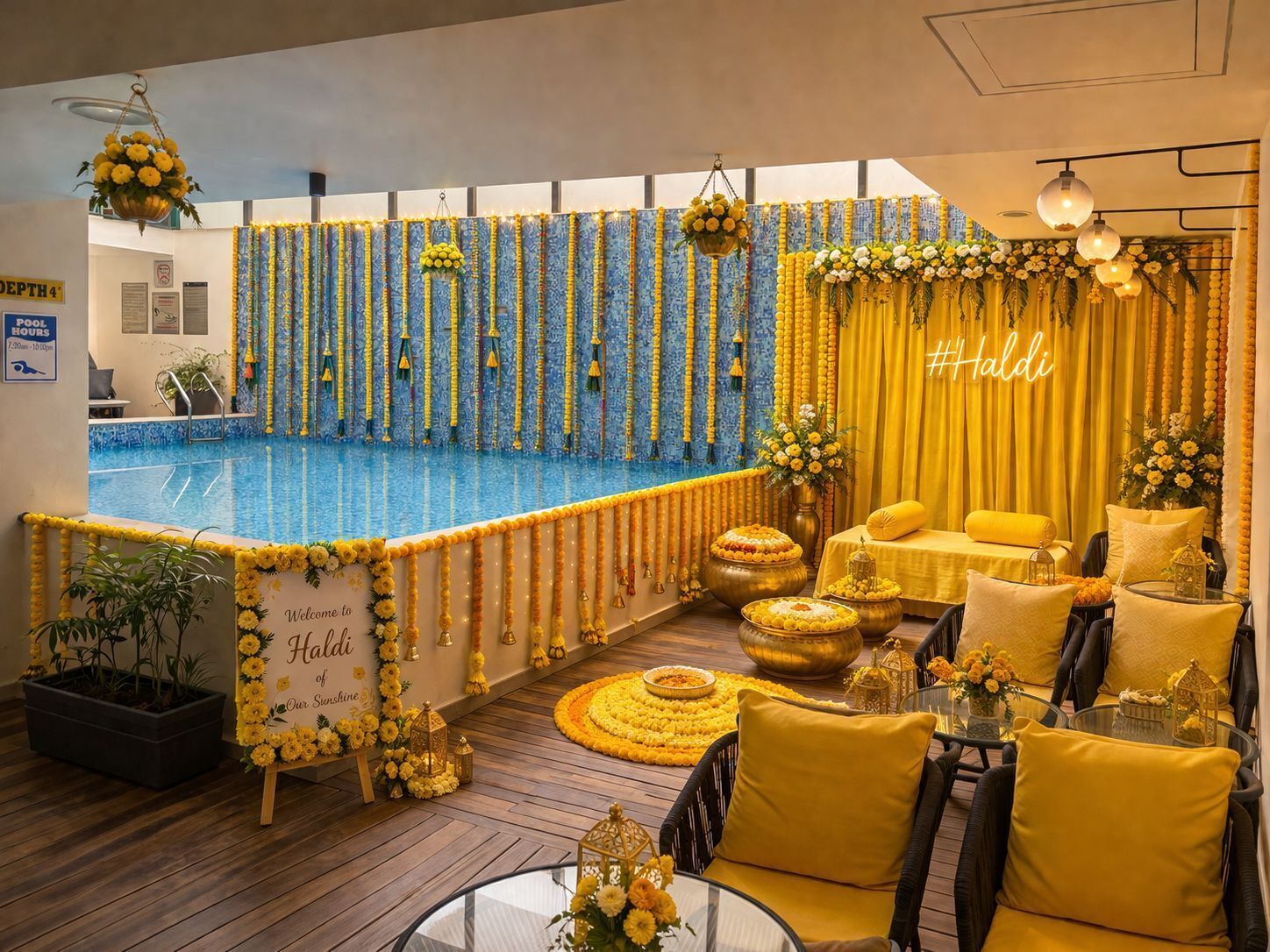 A pool area with a blue-tiled floor, yellow and white floral decorations, and a sign welcoming guests to Haldi.