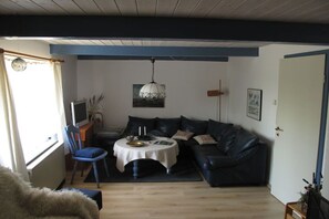 Smart-tv, eldstad och böcker