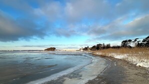 A frozen lake with a clear sky and distant trees. - Cozy, thatched cottage with modern décor (Knebel)