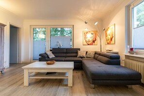 Télévision, cheminée, lecteur de DVD, chaîne hi-fi