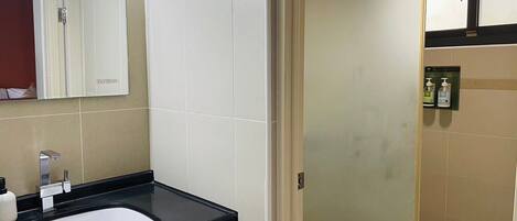 A bathroom with a white sink, mirror, and toilet. There is a shower area visible through the door.