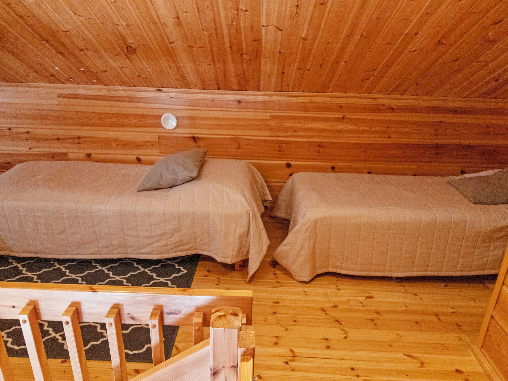 A cabin with two wooden beds, a small rug, and a wooden ladder.