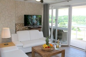 Smart TV, fireplace, video games, DVD player