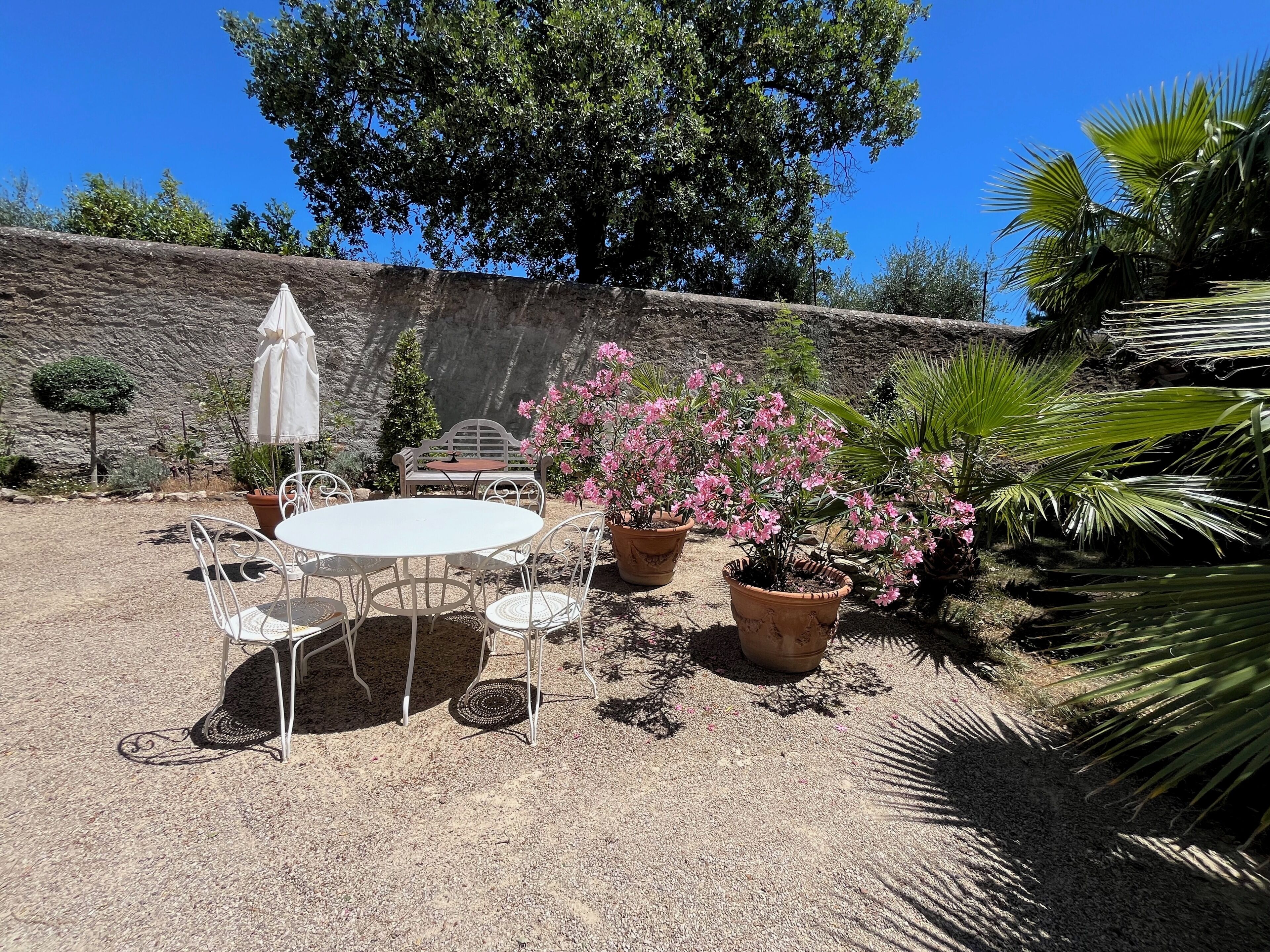 Une terrasse avec une table ronde et des chaises, entourée de plantes en pot et d’un mur de pierre.