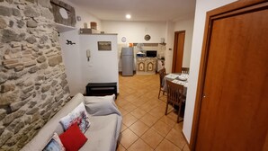 Uma sala de estar aconchegante com parede de pedra, um sofá com almofadas, uma mesa de jantar com cadeiras e uma cozinha ao fundo.