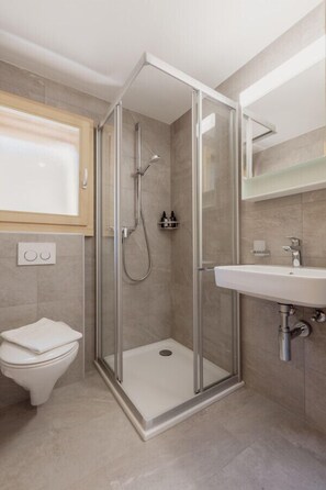 A modern bathroom with a glass-enclosed shower, a toilet, and a sink. - Charmant Studio Rénové à Grimentz (Grimentz)