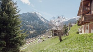 Un village de montagne aux maisons en bois, sous un ciel dégagé, avec des montagnes enneigées en toile de fond.