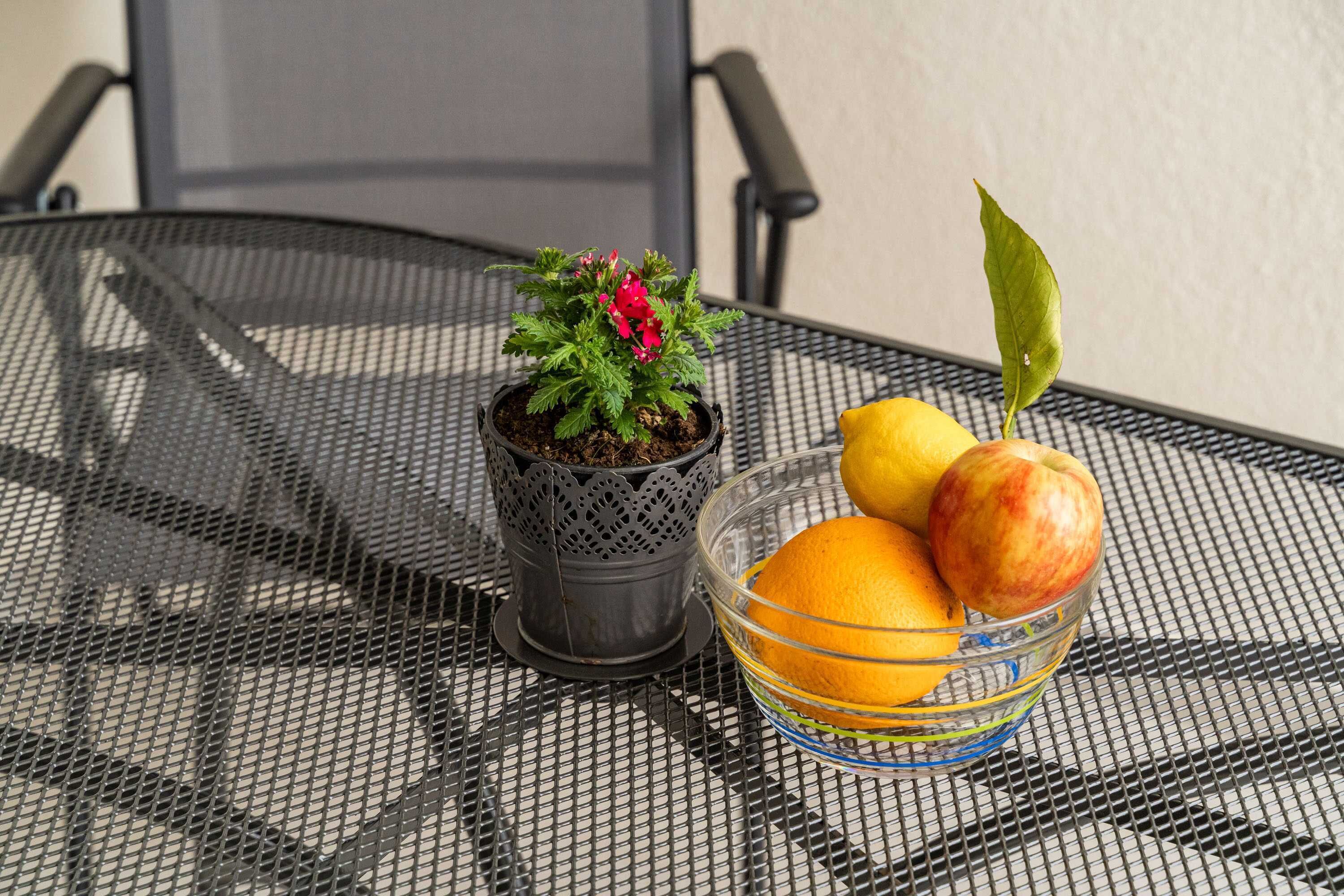 A metal table with a potted plant and a glass bowl containing fruit.