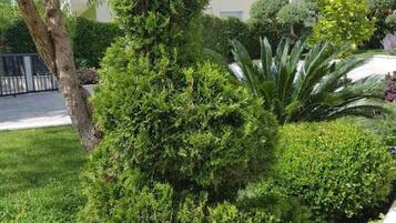 Un immeuble d’habitation doté d’un balcon, entouré de jardins et d’arbres bien entretenus.