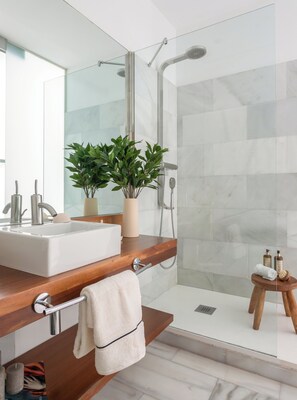 Regadera, secadora de cabello, toallas 