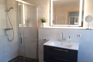 Shower, hair dryer, towels