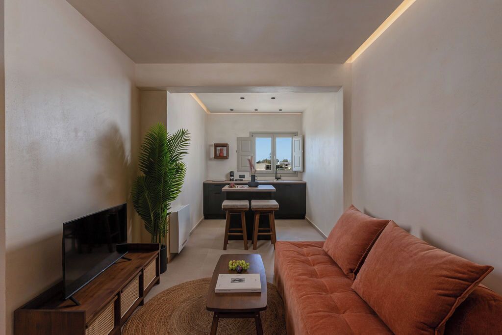 Un salon moderne avec un canapé, une table basse et un téléviseur. On aperçoit, au fond, un coin cuisine avec une table à manger et des chaises.