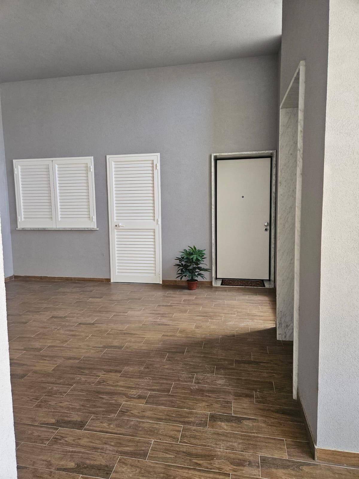 A room with a wooden floor, two white sliding doors, a closed door, and a small potted plant.