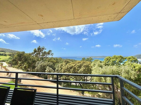A balcony with a view of a coastal landscape, including trees and a distant shoreline.