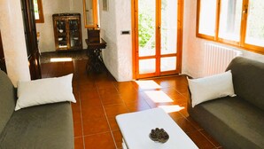 Una habitación con sofá, una mesa y un armario.