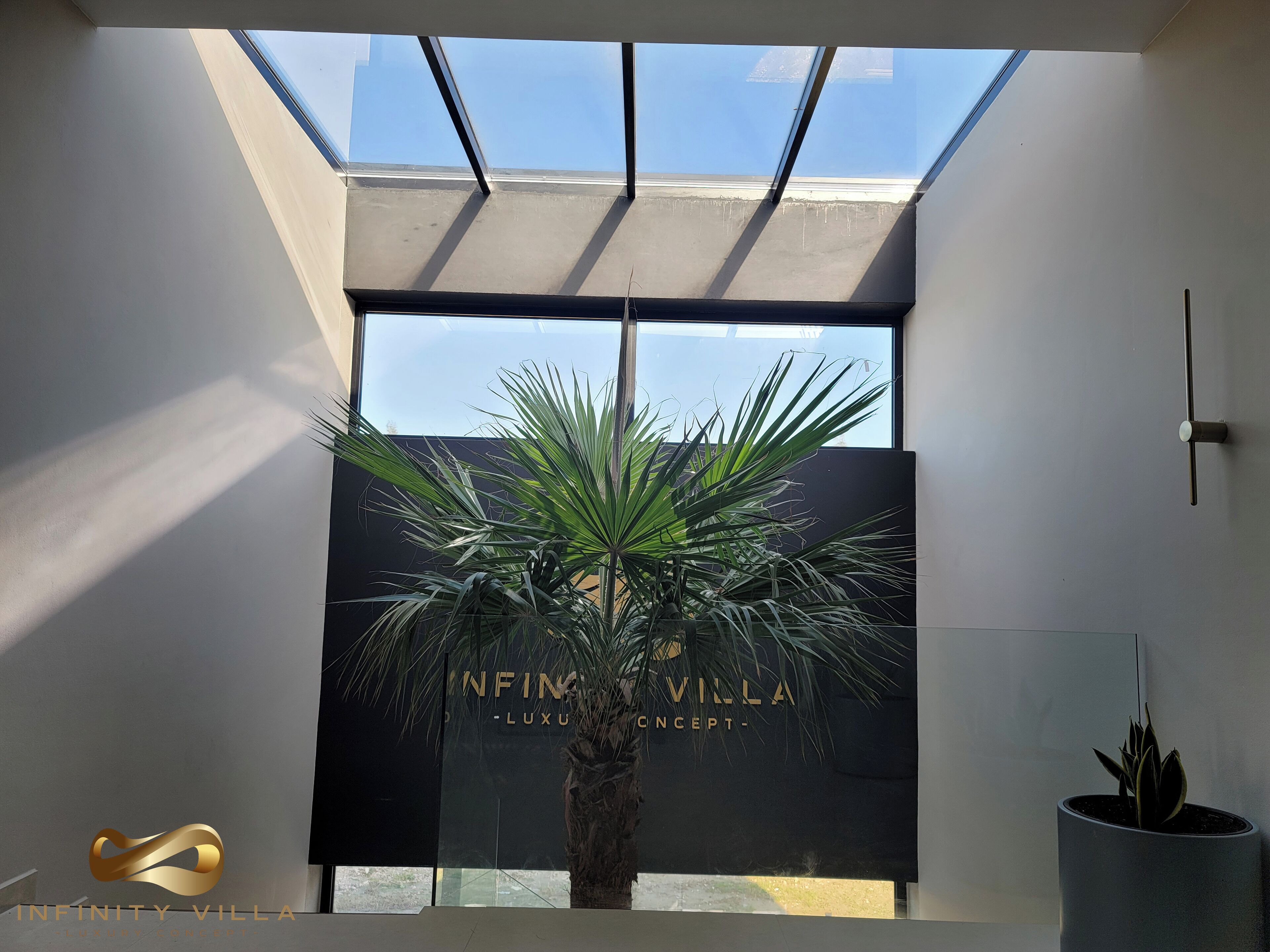 A modern interior with a large window, a palm plant, and a sign reading "INFINITY VILLA LUXU CONCEPT".