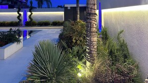 A landscaped outdoor area with palm trees, a water feature, and modern architecture. - La Mirage Group Villas (Sukth)