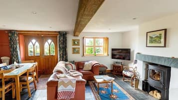 Télévision, cheminée, espaces bureaux