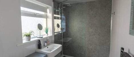 Shower, hair dryer, towels