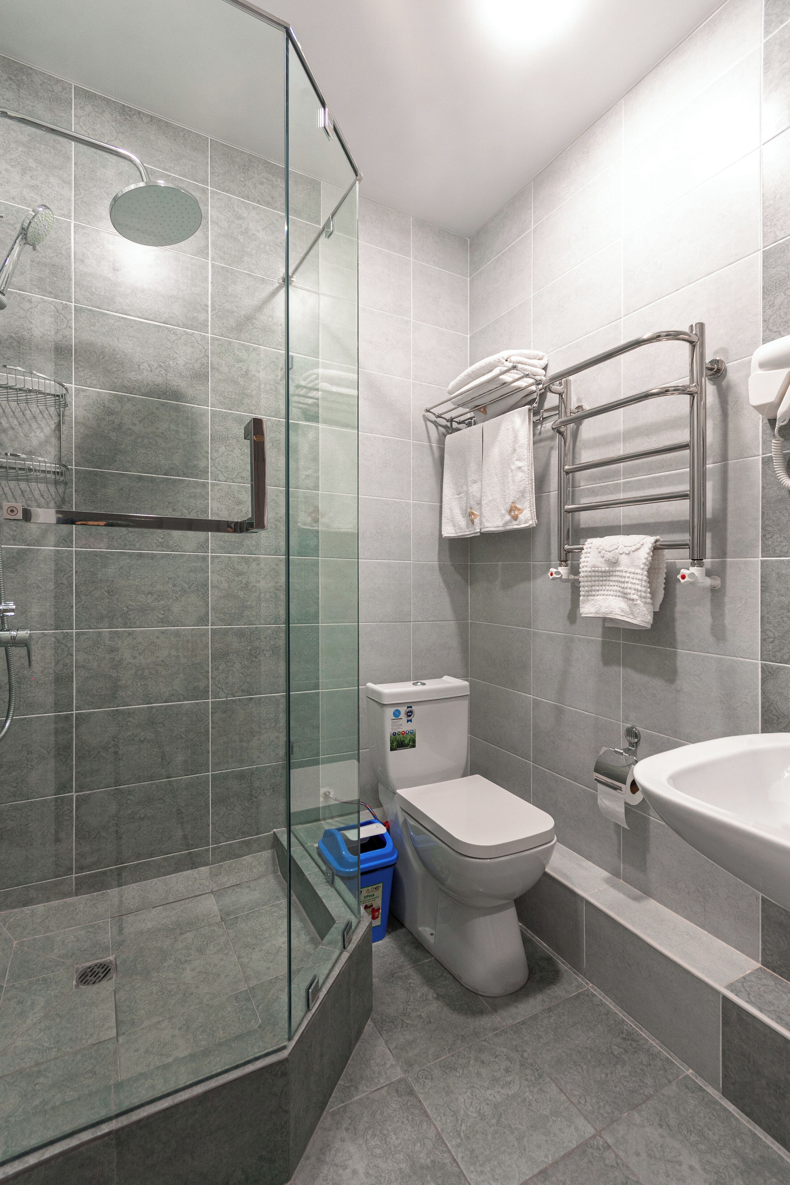 A modern bathroom with a glass-enclosed shower, a toilet, and a sink.
