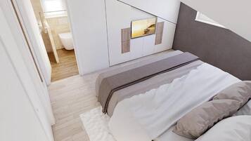 Quarto com cama, mesa de cabeceira e televisão presa na parede.