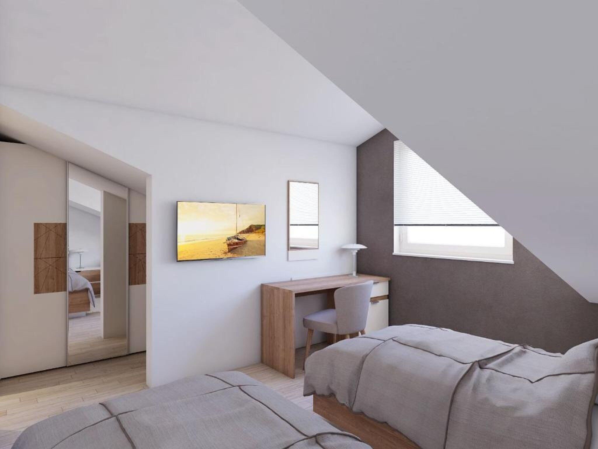 A modern bedroom with a bed, a desk, and a chair. There is a painting on the wall and a window providing natural light.