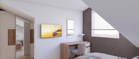 A modern bedroom with a bed, a desk, and a chair. There is a painting on the wall and a window providing natural light.