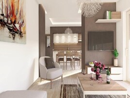Una sala de estar moderna con comedor, una cocina al fondo y un cuadro abstracto grande en la pared.