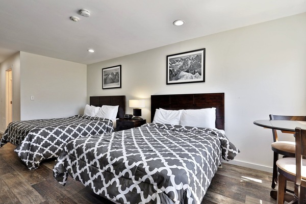 Renovated hotel-style Vermont studio featuring two queen beds with plush bedding and tasteful decorations.