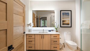 Une salle de bain moderne avec un meuble-lavabo en bois, un lavabo et des toilettes.
