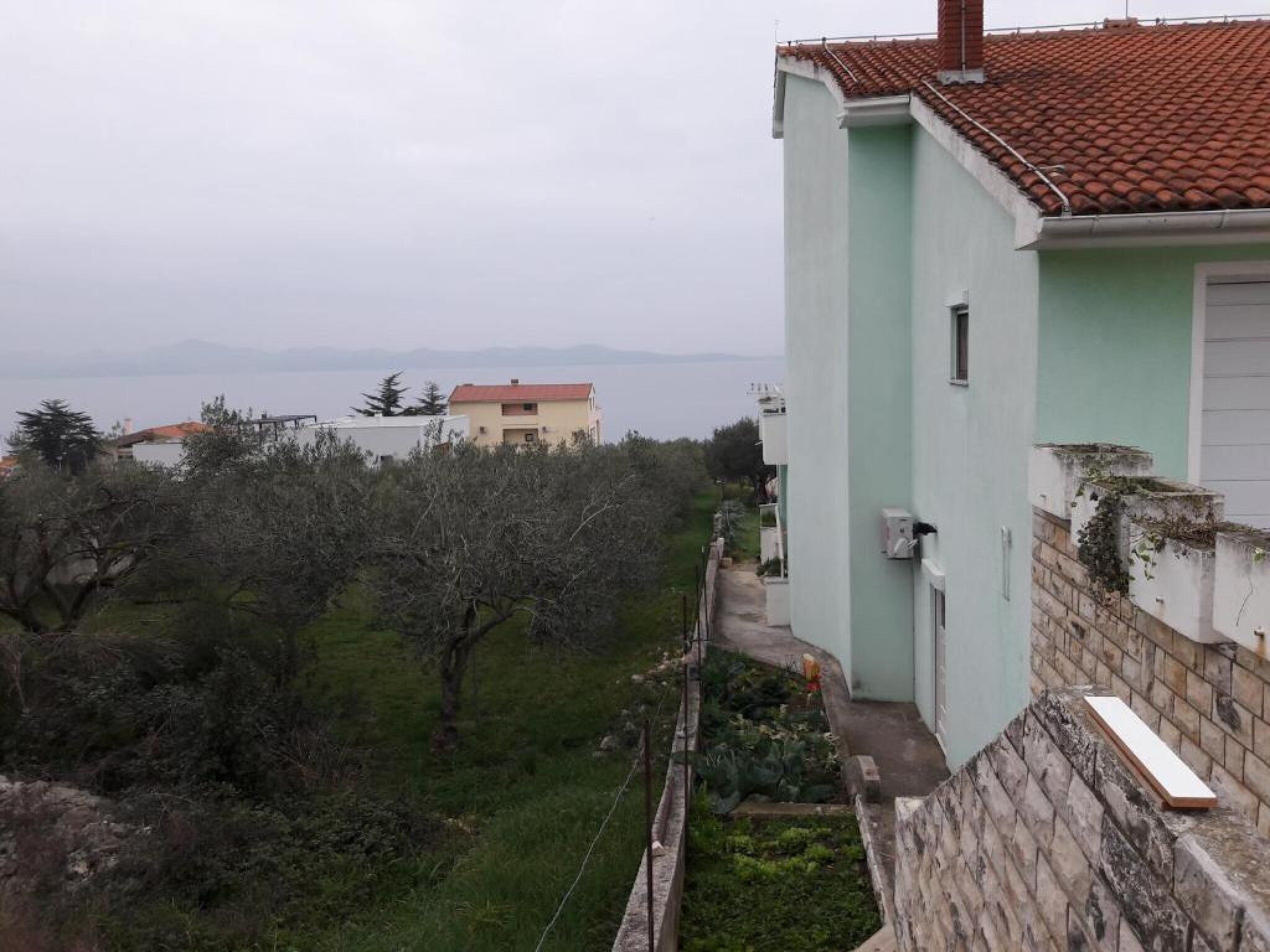 A building with a red-tiled roof and a light green exterior, adjacent to a garden with olive trees.