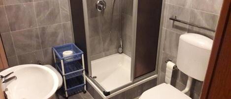 A bathroom with a shower, toilet, and bidet.