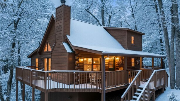 A log cabin with a deck and a covered porch.