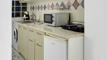 Kühlschrank, Mikrowelle, Herdplatte, Kochgeschirr/Geschirr/Besteck