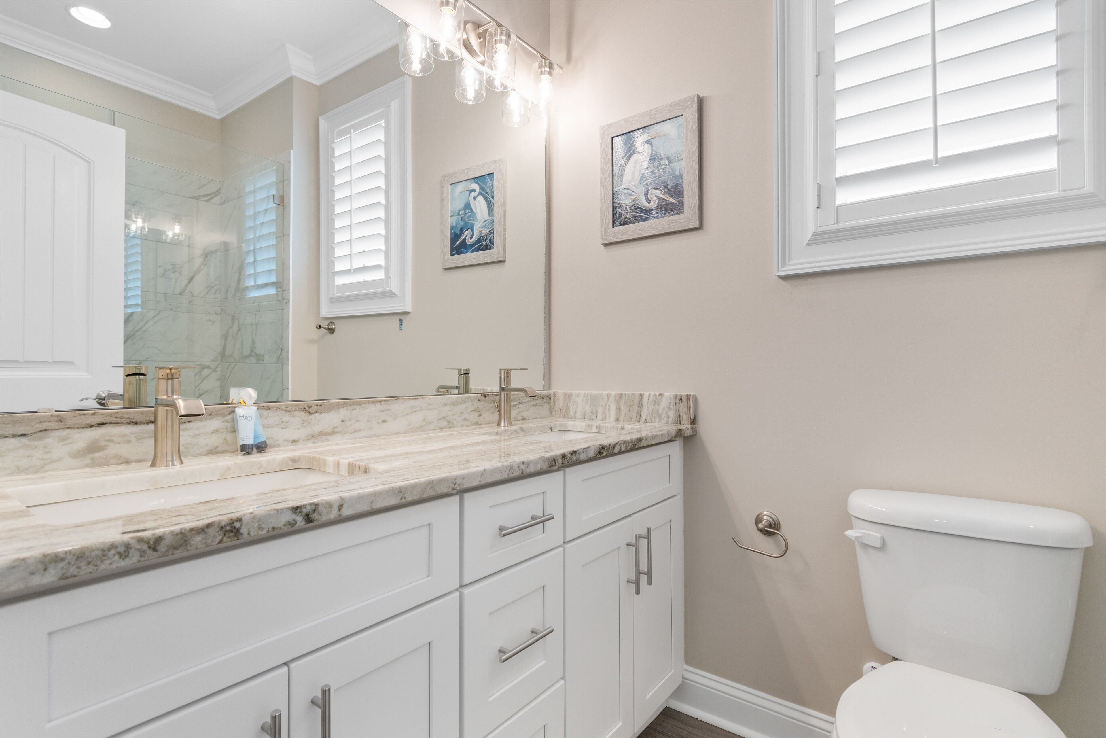 A bathroom with a marble sink, white cabinets, a toilet, and two framed wall art pieces.