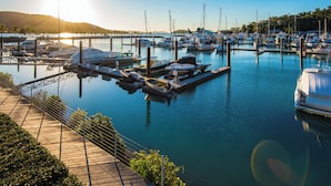A marina with boats docked at the pier, surrounded by water and greenery. - Pavillions 6, Pavilions 6 on Hamilton Island (Hamilton Island)