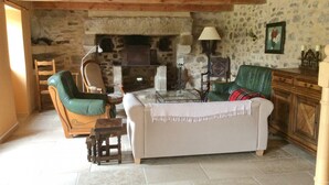 Un salon rustique avec une cheminée en pierre, des meubles en bois et un fauteuil vert.