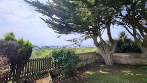 A garden with a wooden fence, a large tree, and a view of the sea.