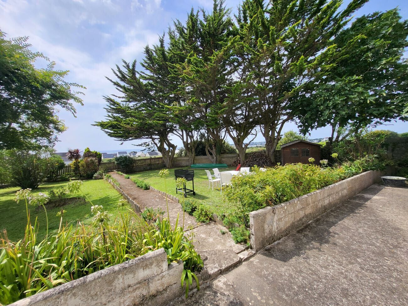 A garden with a lawn, a bench, and a small shed.