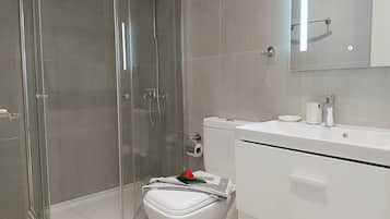 Shower, free toiletries, hair dryer, slippers
