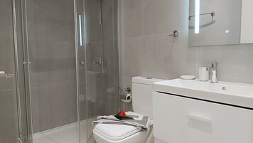 Shower, free toiletries, hair dryer, slippers