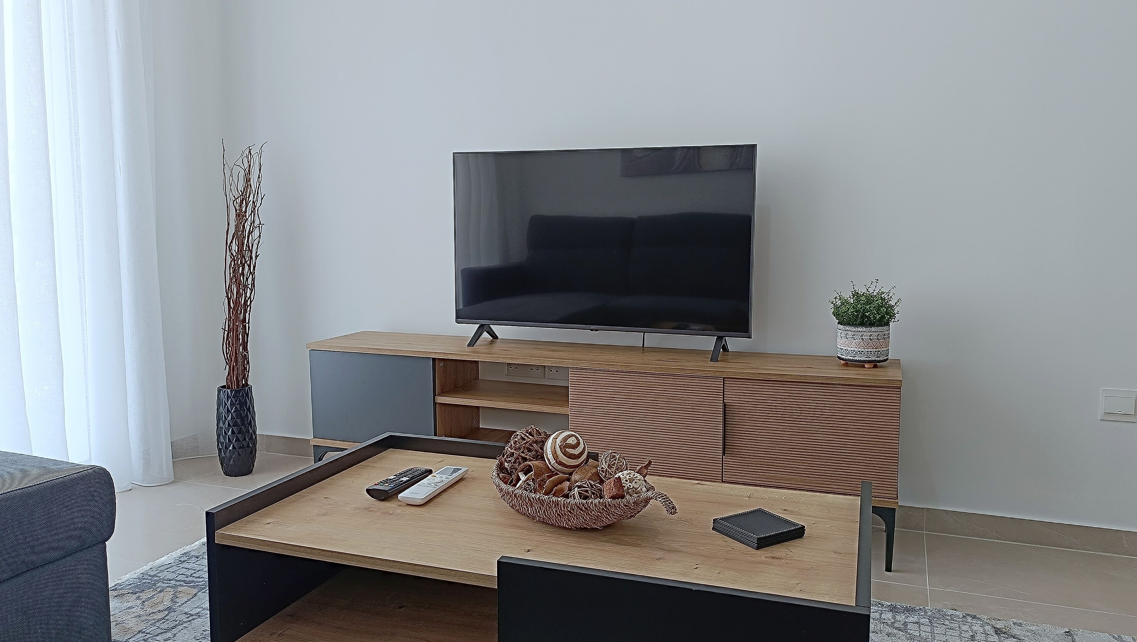Un salón moderno con un televisor de pantalla plana sobre un soporte de madera, una mesa de centro con controles remotos y objetos decorativos, una mesita auxiliar con una planta en maceta y un jarrón alto con ramas.