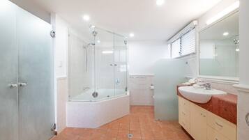 Shower, towels, toilet paper